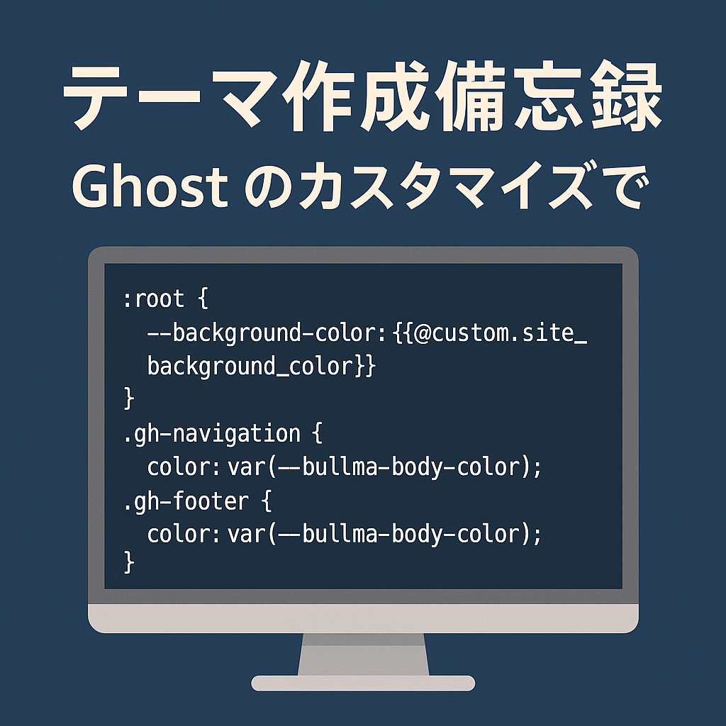Ghost CMS のテーマカスタマイズ備忘録を視覚化した画像で、AI により生成されました。This AI-generated image reflects a memo on Ghost theme tweaks like dark mode and CSS editing.