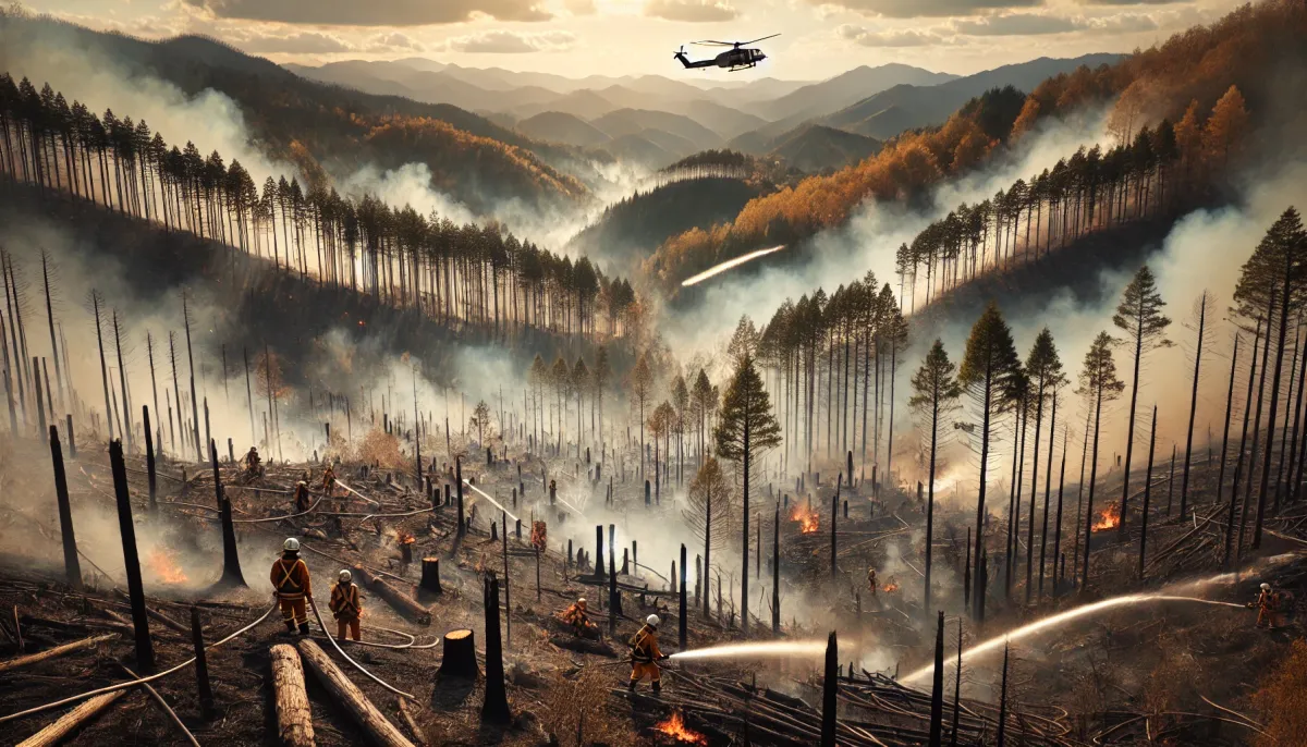 AI生成の森林火災の画像。山中で消防士が消火活動、煙が立ち上り、ヘリが上空を飛行。 AI-generated image of a forest fire scene with firefighters in action and a helicopter flying overhead.