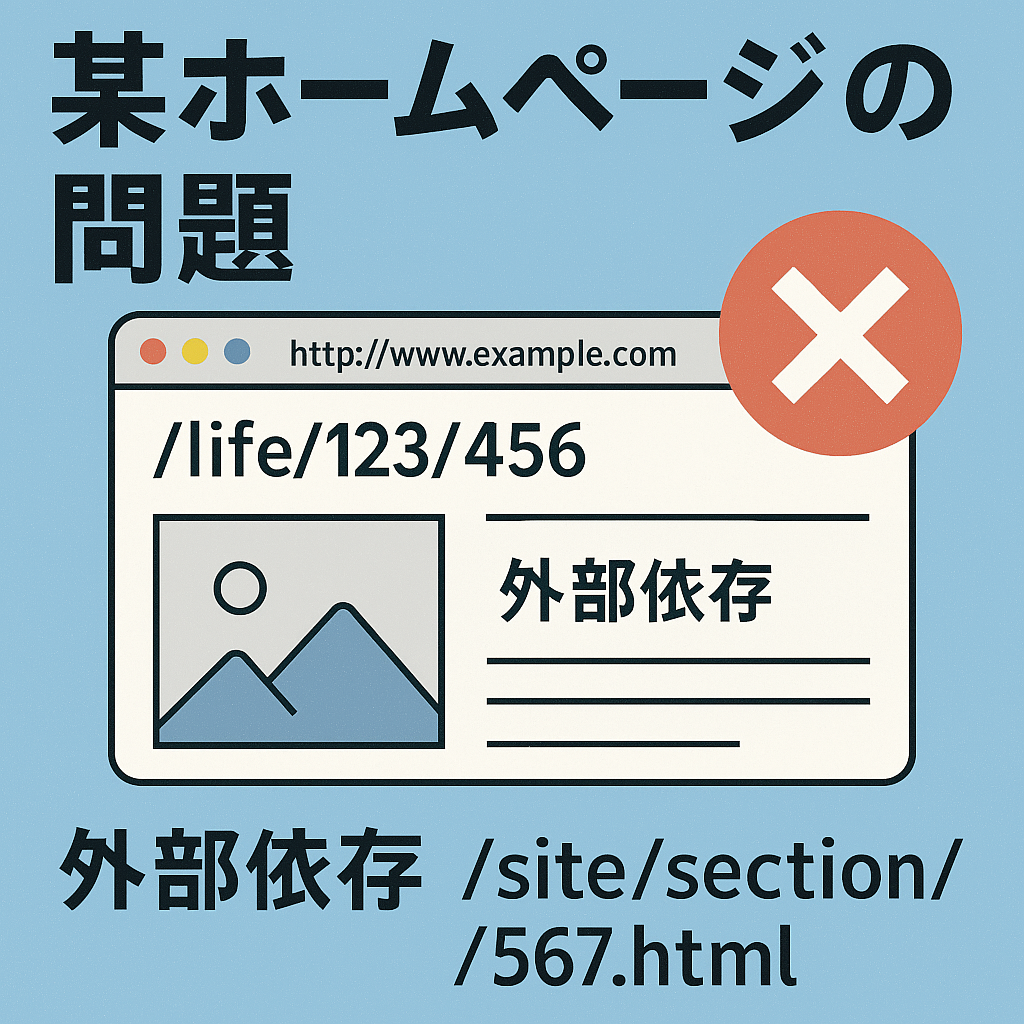 問題のあるWeb構造を象徴するイラスト。外部依存や不明瞭なURL設計の課題を視覚化。 An AI-generated image illustrating issues in web structure like external dependencies and unclear URLs.